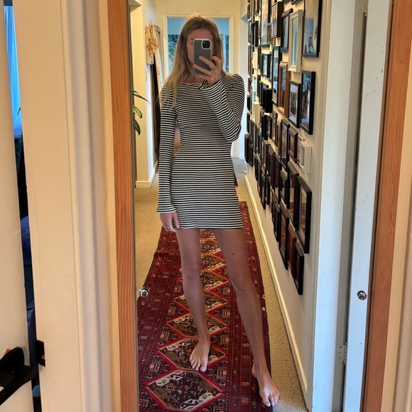 Princess Polly Bryanna Stripe Black White Bell Flare Sleeve Ribbed Mini Dress - Picture 12 of 12